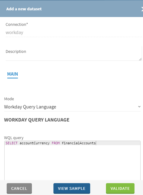 Configuration of a new Workday dataset.