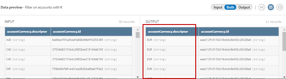 In the Output data preview, 11 records match the criteria.