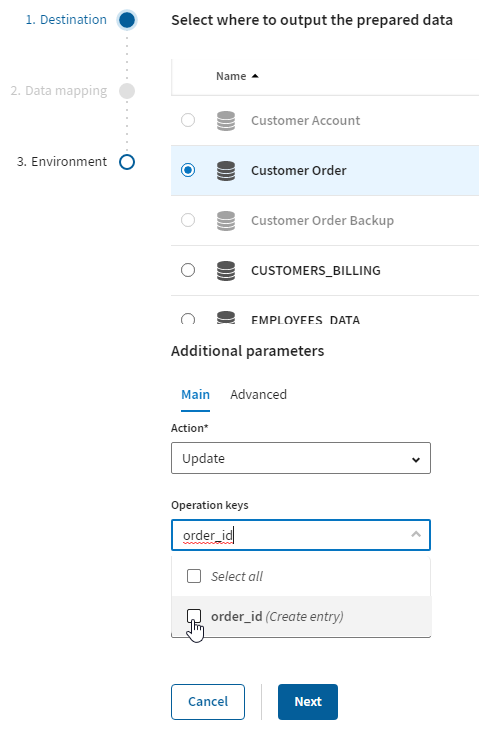 order_id showed in the Operation keys drop-down list.