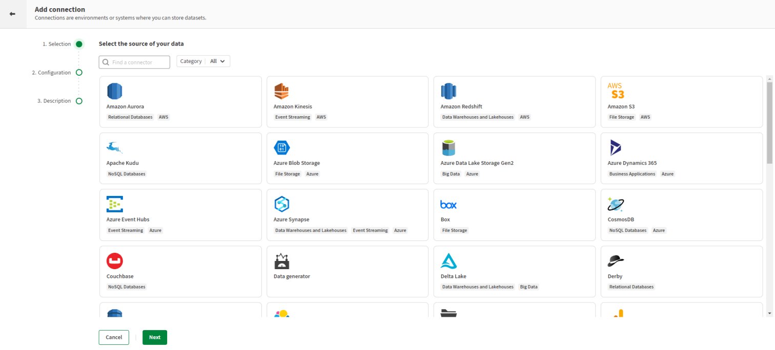 Connection configuration page where you can select your connector.