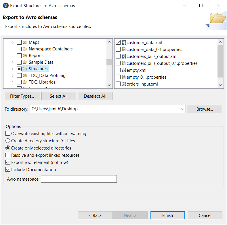 Export Structures to Avro schemas dialog box.