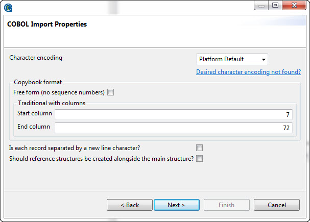 COBOL Import Properties dialog box.