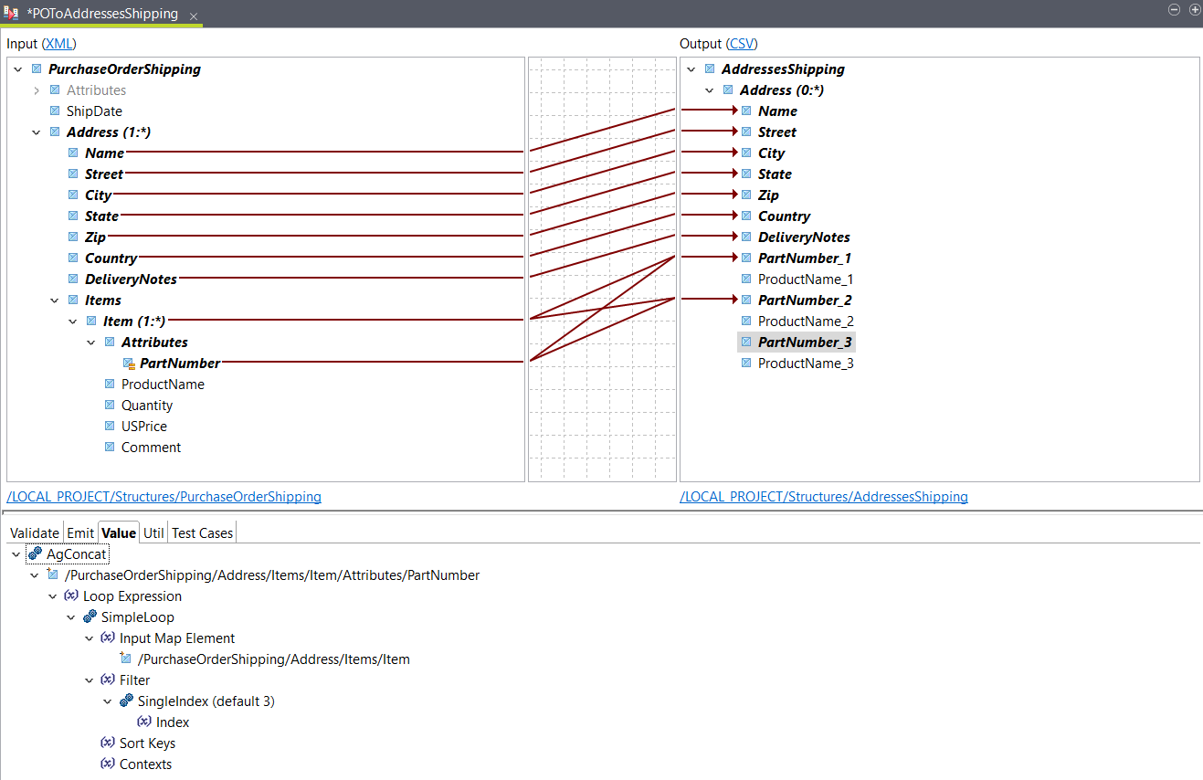 Mapping of input PartNumber element to output elements.