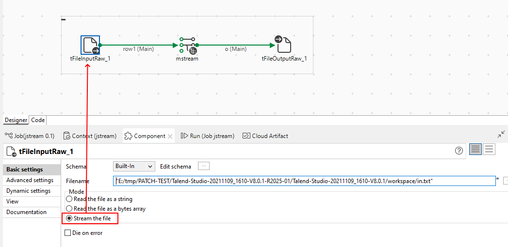 tFileInputRaw Basic settings view.
