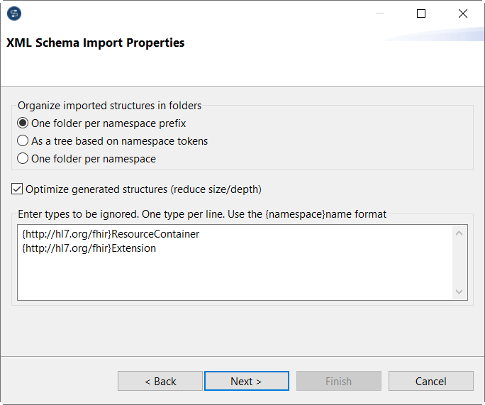 XML Schema Import Properties dialog box.