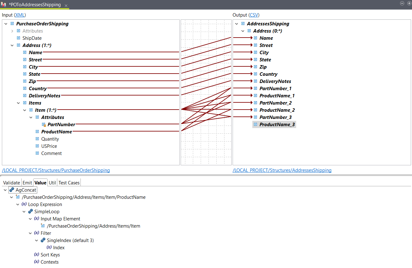 Mapping of input ProductName element to output elements.