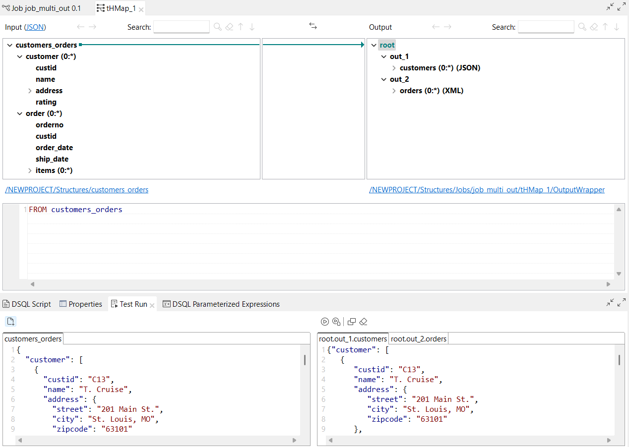 Example of multiple output tabs in the Test Run view.
