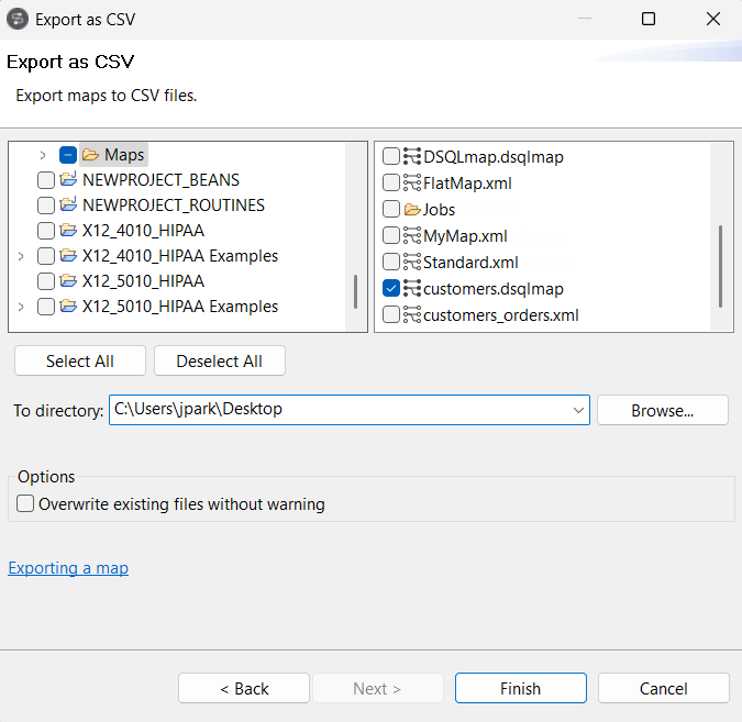 Export as CSV dialog box.