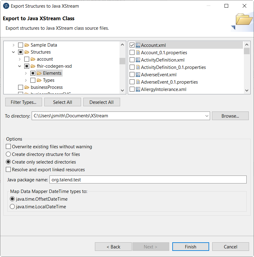 Export to Java XStream Class window.