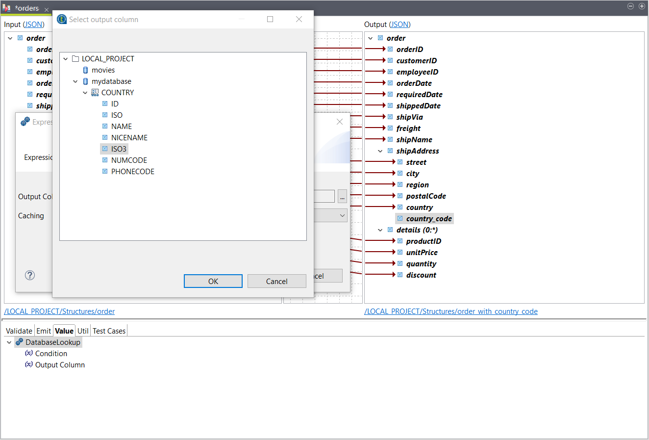 Select output column window.