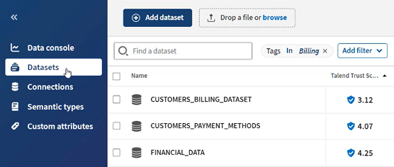 Dataset list, filtered using the Biling tag.