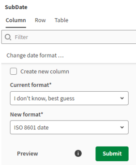 In the Table function list, the function Change date format is selected.