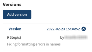 Versions panel opened with one version number.