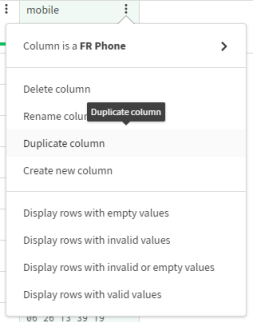 The mobile column menu is opened, with the Duplicate column option selected.