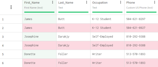 Dataset containing duplicated customer information highlighted.