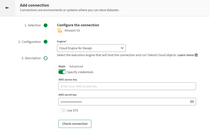 Connection configuration page where you can enter the connection information to access your system.