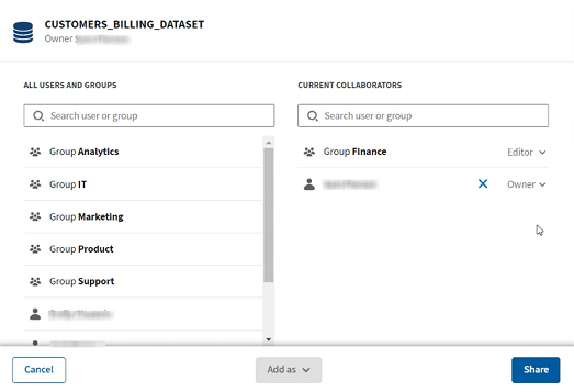 Sharing window, where Group Finance is given access to the dataset.