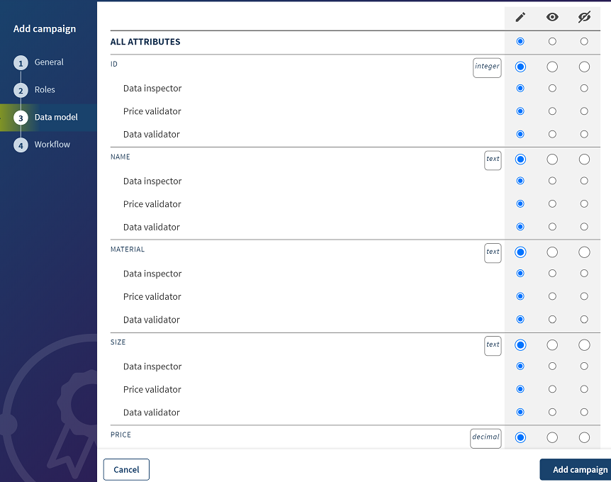 Overview of the Data model step to create a Resolution campaign.