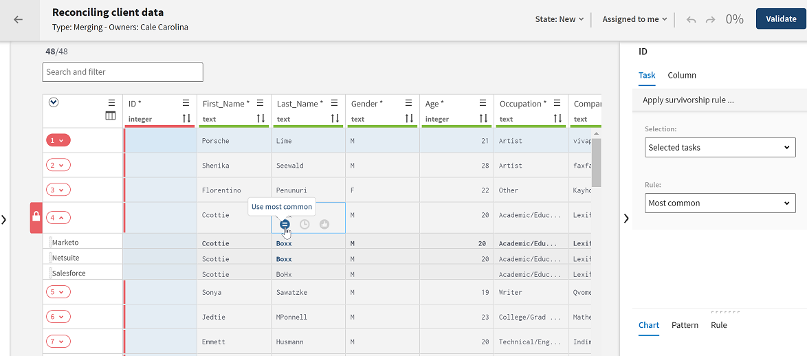 List of tasks assigned to the user in the Reconciling client data campaign.