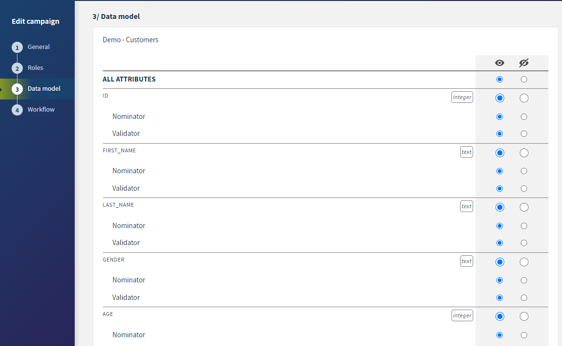 Overview of the Data model step to create an Arbitration campaign.