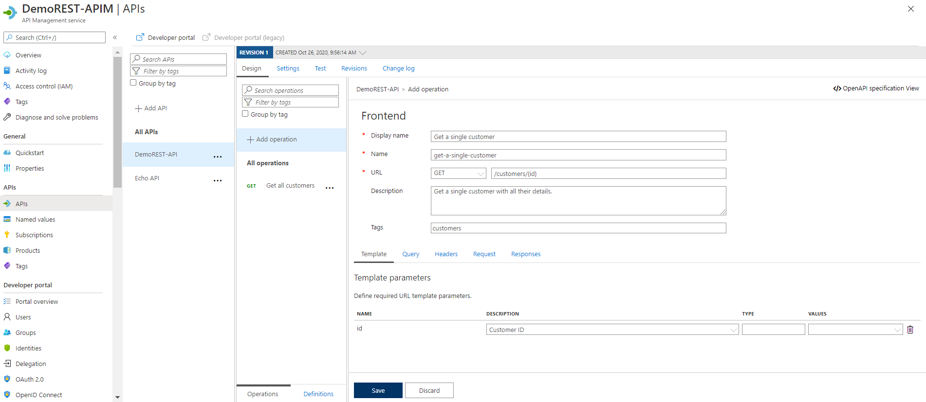 In the APIs menu of the DemoREST-API, the new id parameter is available inside the template tab.