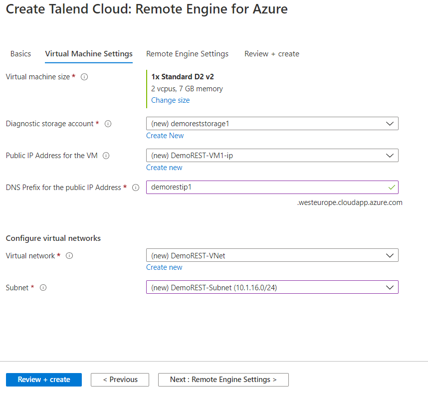 Virtual Machine Settings tab in the Create Talend Cloud: Remote Engine for Azure settings.