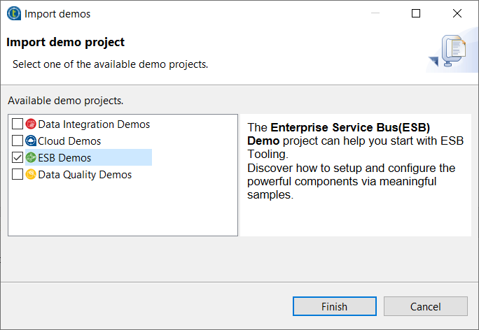 In the Import demo dialog box, select the ESB Demos option.