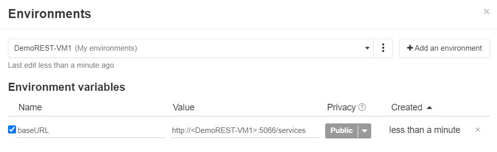 The baseURL environment appears in the Environment variables list.