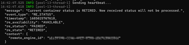Logs that indicate the engine state is retired with the line "re_state": "RETIRED".
