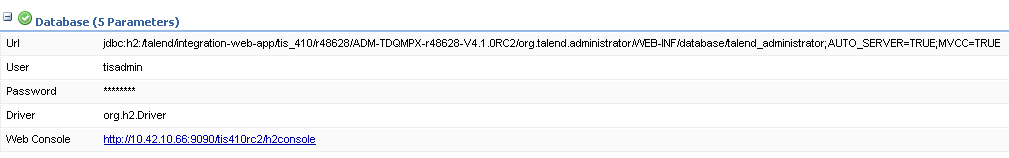 The following parameters display: URL, user, password, driver, and web console.