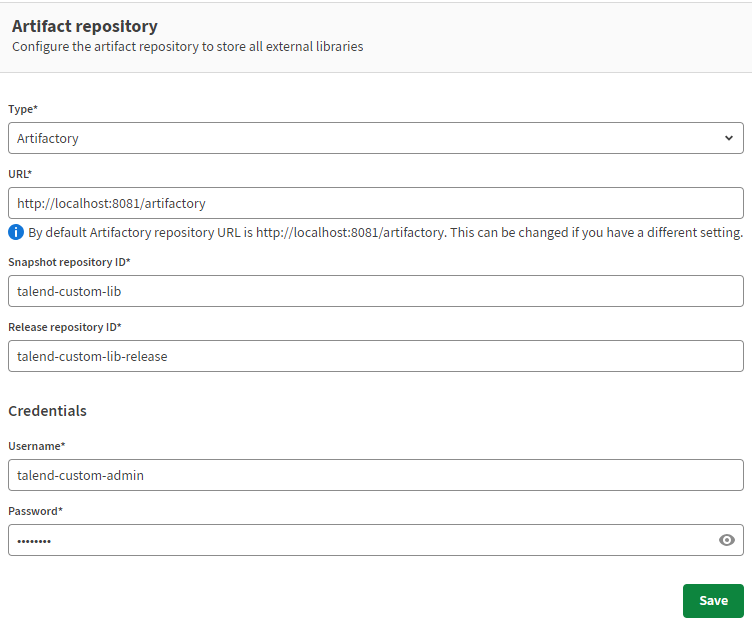 Artifact repository configuration dialog box with example values.