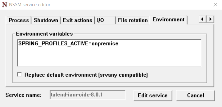 The Environment tab for service parameters