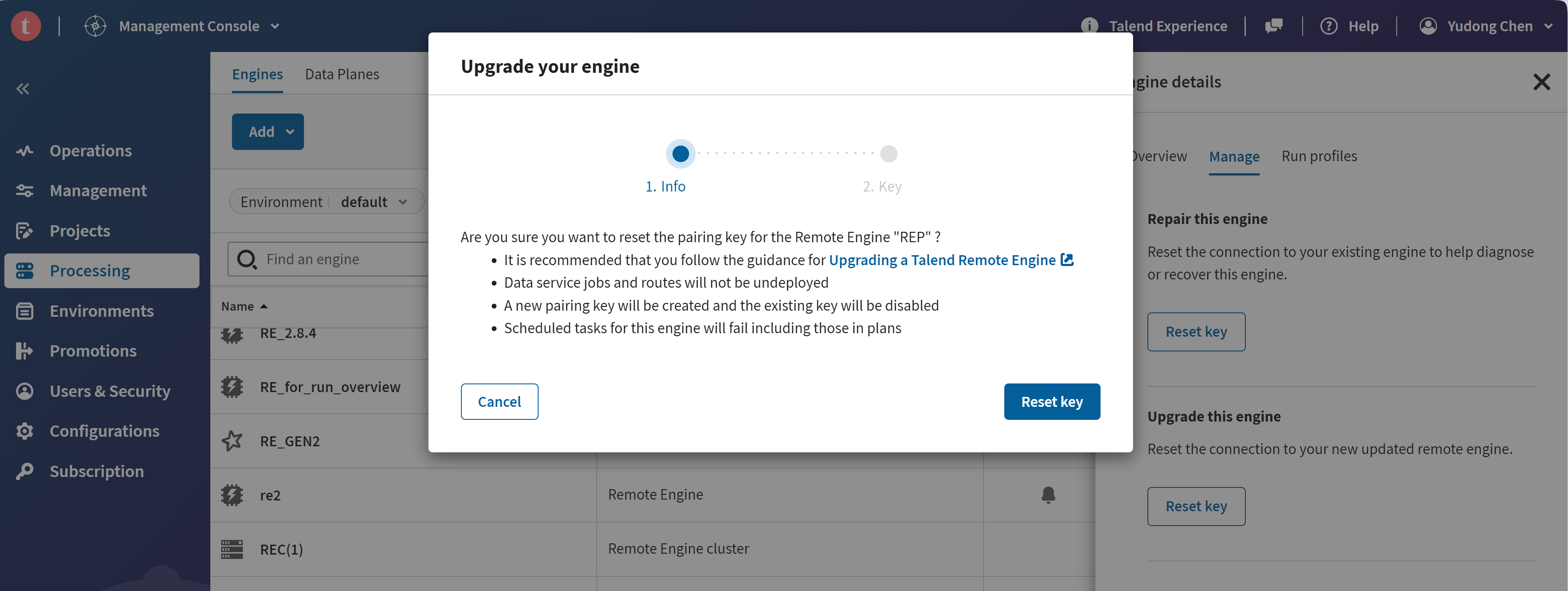 Dialog box where users can reset the pairing key of their Talend Remote Engine.