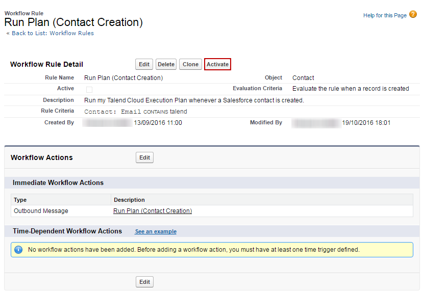 Page to activate the workflow rule.