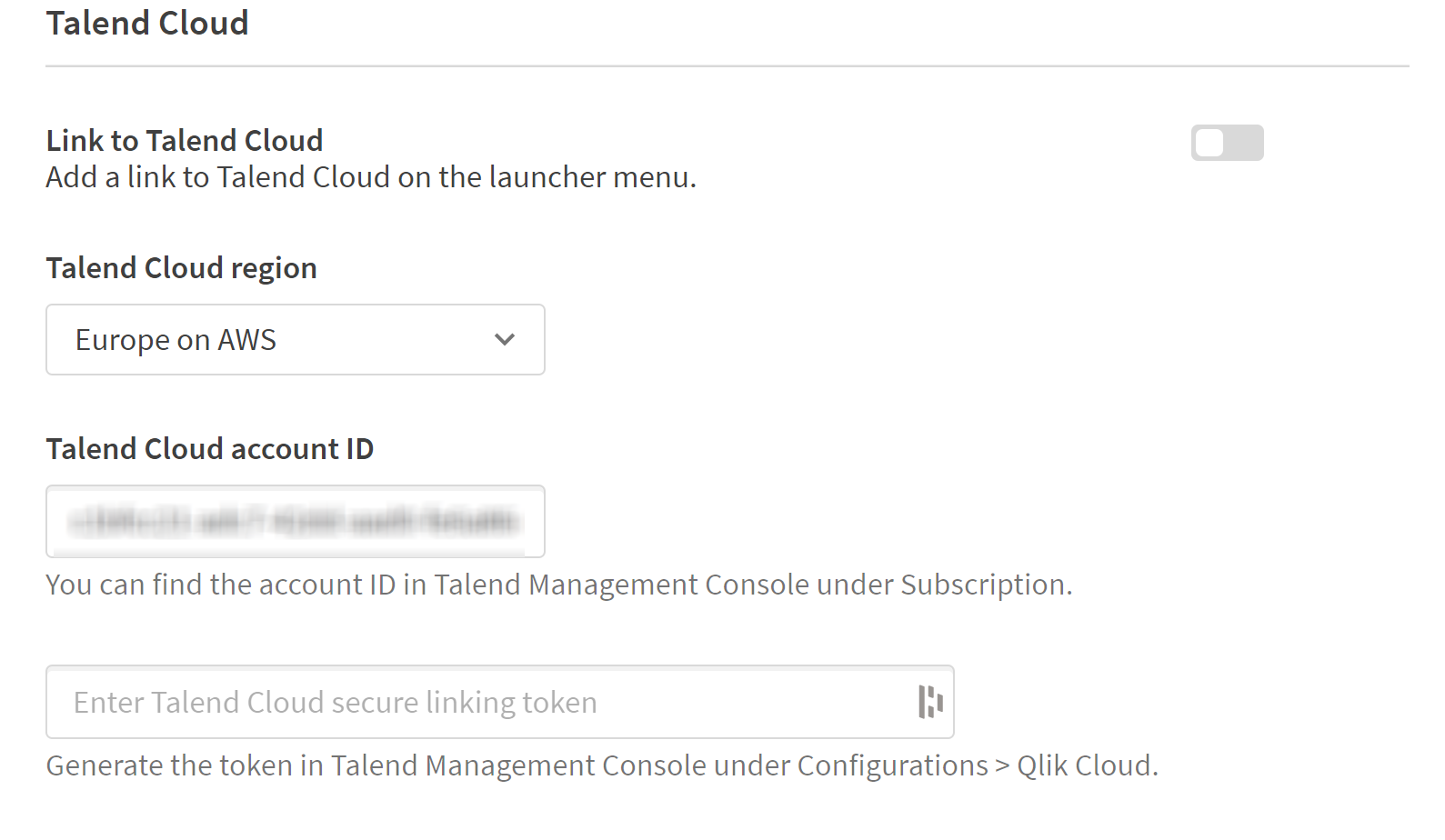 The configuration in the Qlik Cloud Administration activity center for secure access to Talend Cloud