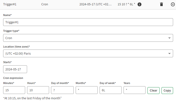 Page to define Cron trigger