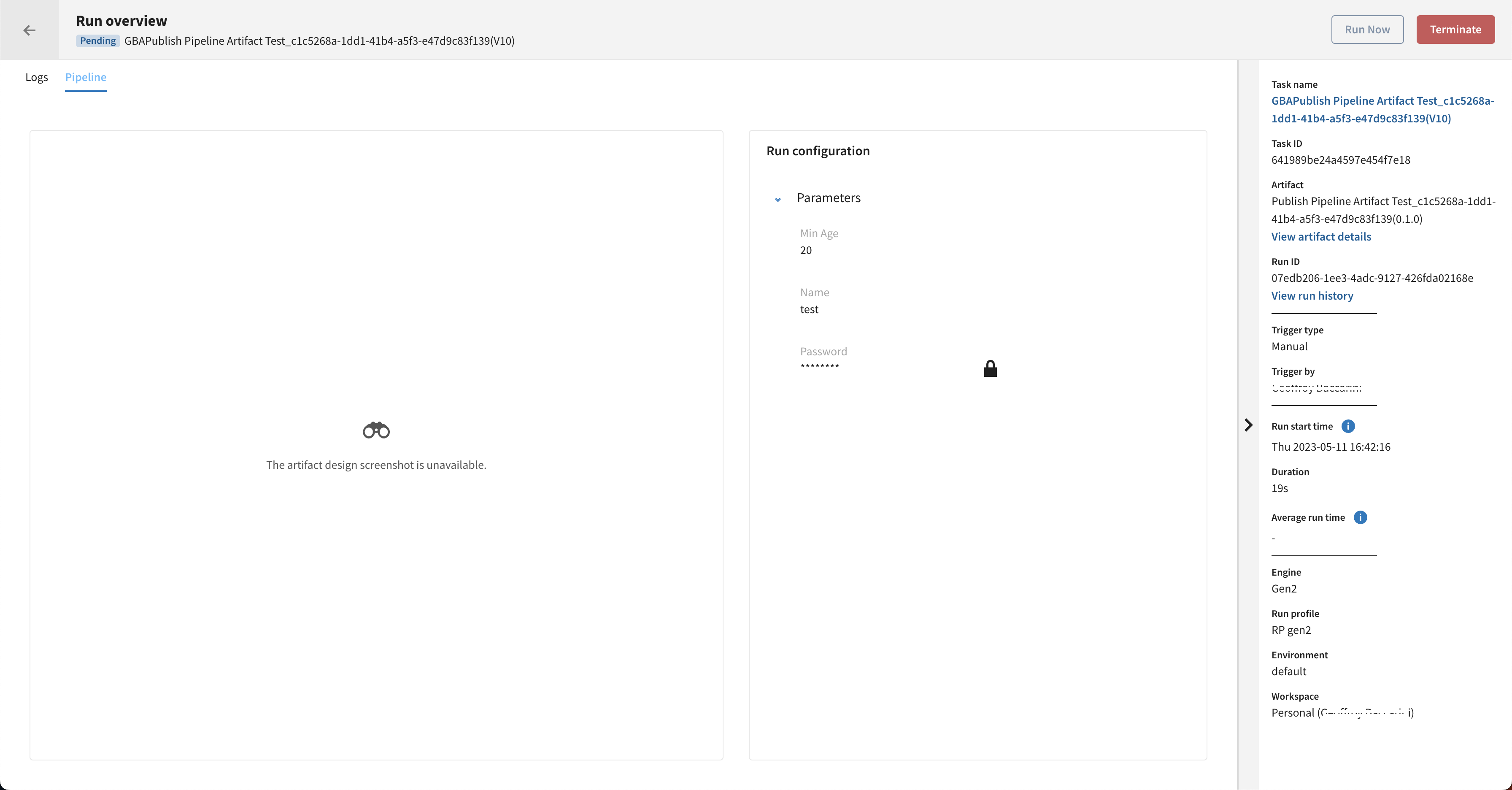 Context variables displayed in the Pipeline tab of the Run overview page.