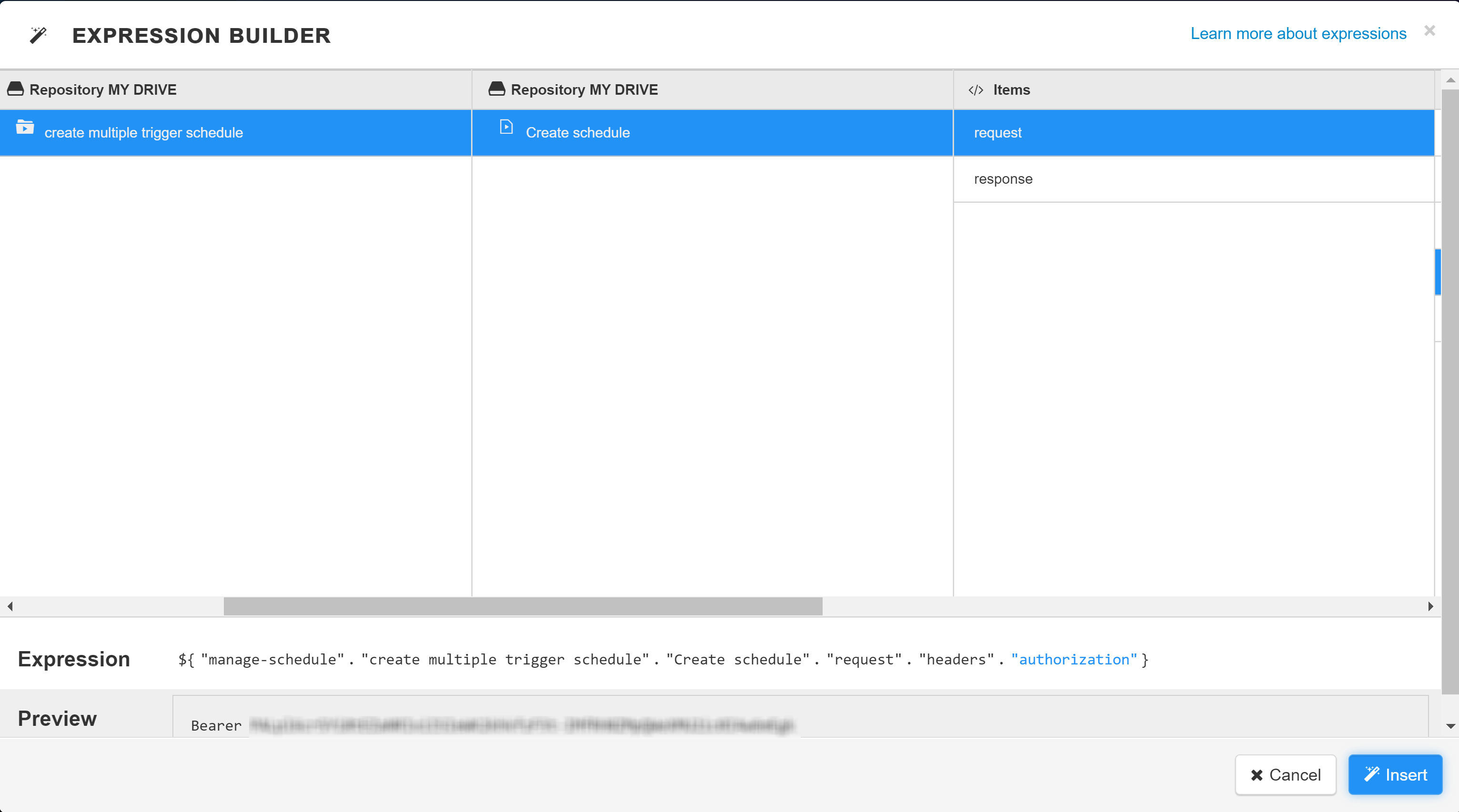 In the Expression Builder menu, add an authorization field to the Expression setting of the selected repository.