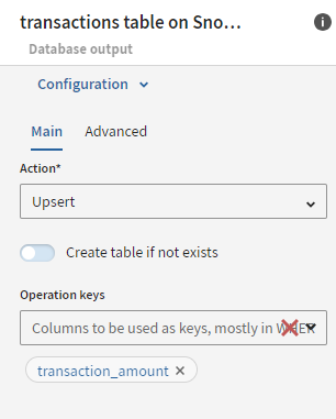 The Snowflake destination configuration panel shows the Upsert action selected.