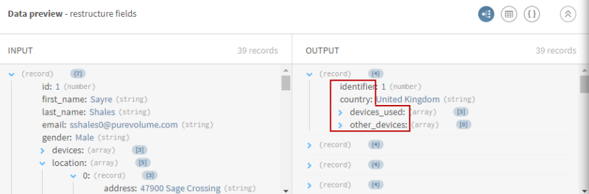 Preview of the Field selector processor after restructuring records.