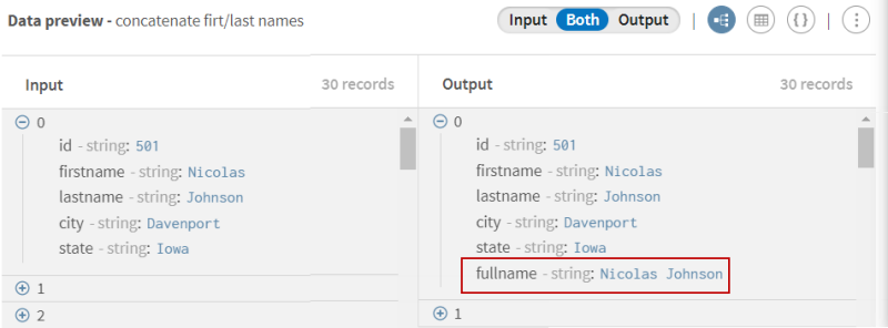 Preview of the Field concatenator processor after concatenating records about first names and last names.