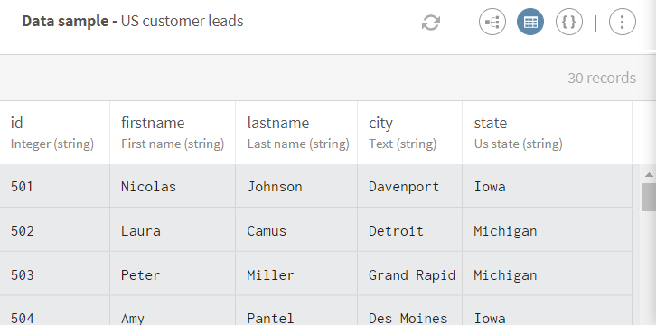 Preview of a data sample about US leads.