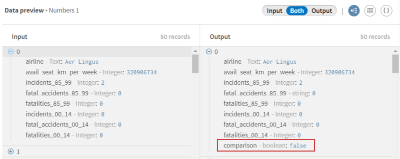 Preview of the Numbers processor after applying a comparison rule on the number of accidents.