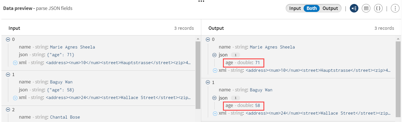 Preview of the Parser processor after parsing JSON records about user age.