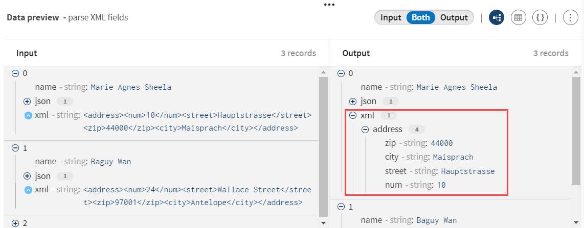 Preview of the Parser processor after parsing XML records about user addresses.