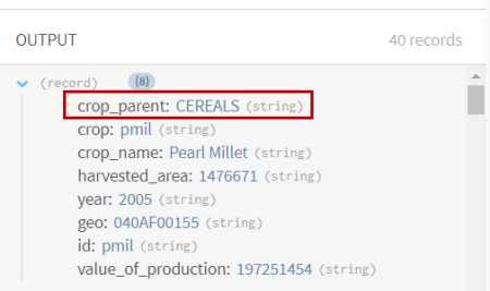 Preview of the Strings processor after changing the case of crop records to upper case.