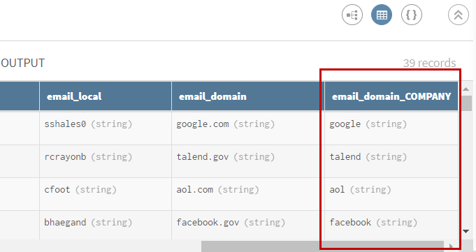 Preview of the Split processor after extracting email domains from email records.