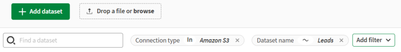 Two filters have been applied on a dataset list, one filters on connection names containing 'Amazon S3', the other filters on dataset names containing 'Leads'.