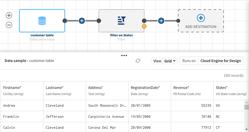 The preview shows a customer file sample displayed in Grid view mode.