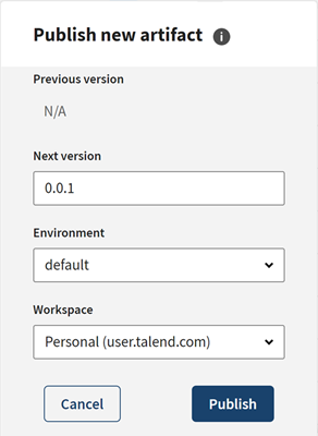 The Publish new artifact window shows the version, environment, and workspace fields users can choose before publishing.